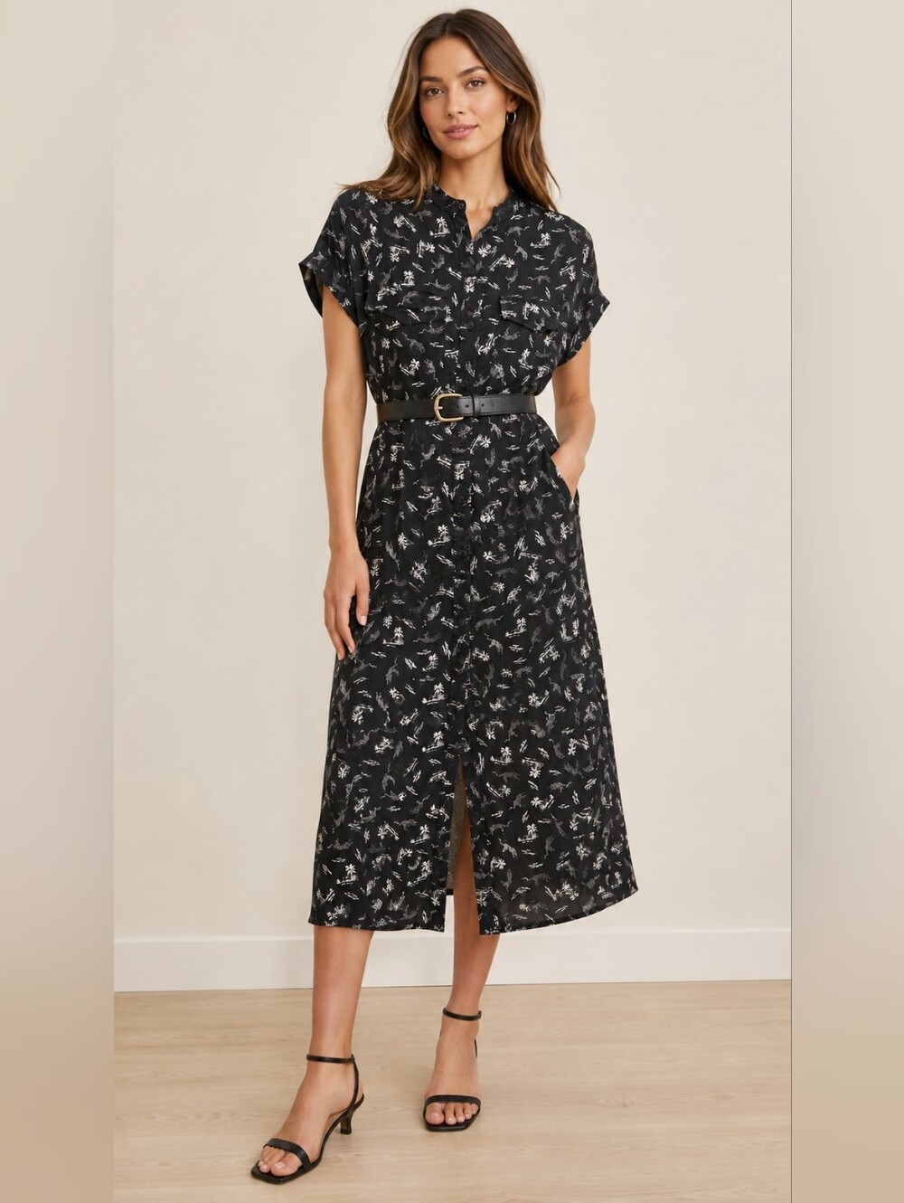 Joe Fresh Black Short-Sleeve Button-Front Dress with White Print